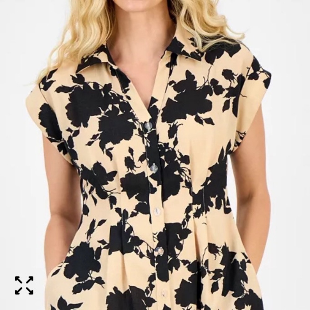 Julia Jordan Spread Collar Button Front Shirt Dress Size 10 Tan Floral Pockets - Picture 4 of 15